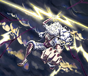 Monkey D. Luffy Sun God Nika Form Wielding Lightning in One Piece Anime Art HD wallpaper