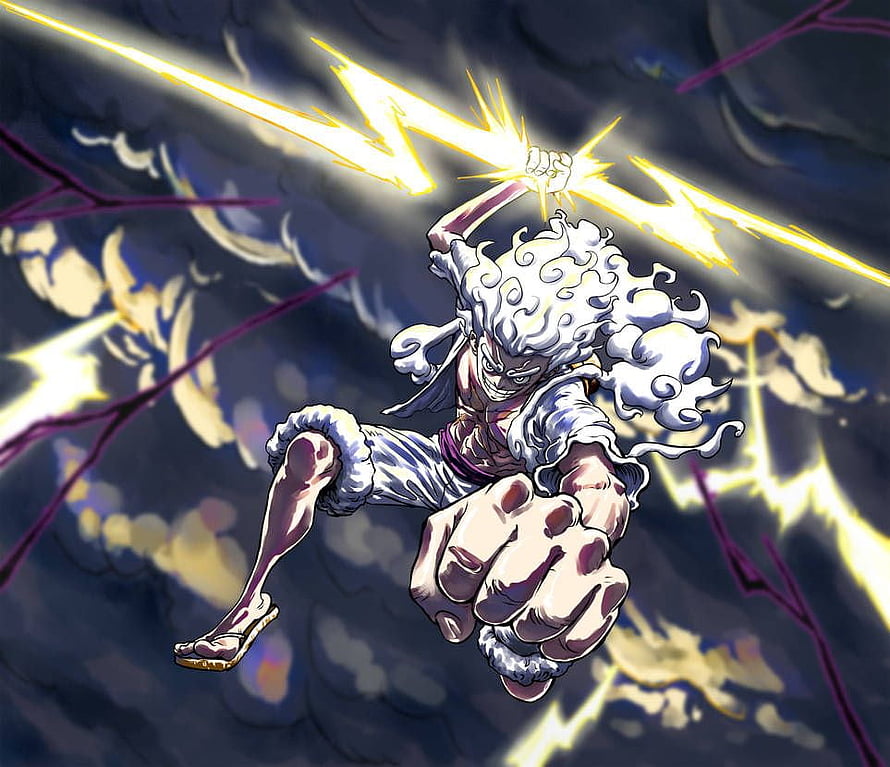 Monkey D. Luffy Sun God Nika Form Wielding Lightning in One Piece Anime Art HD wallpaper