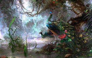Majestic Peacocks in a Lush Misty Jungle with Vibrant Flowers and Ancient Trees HD wallpaper