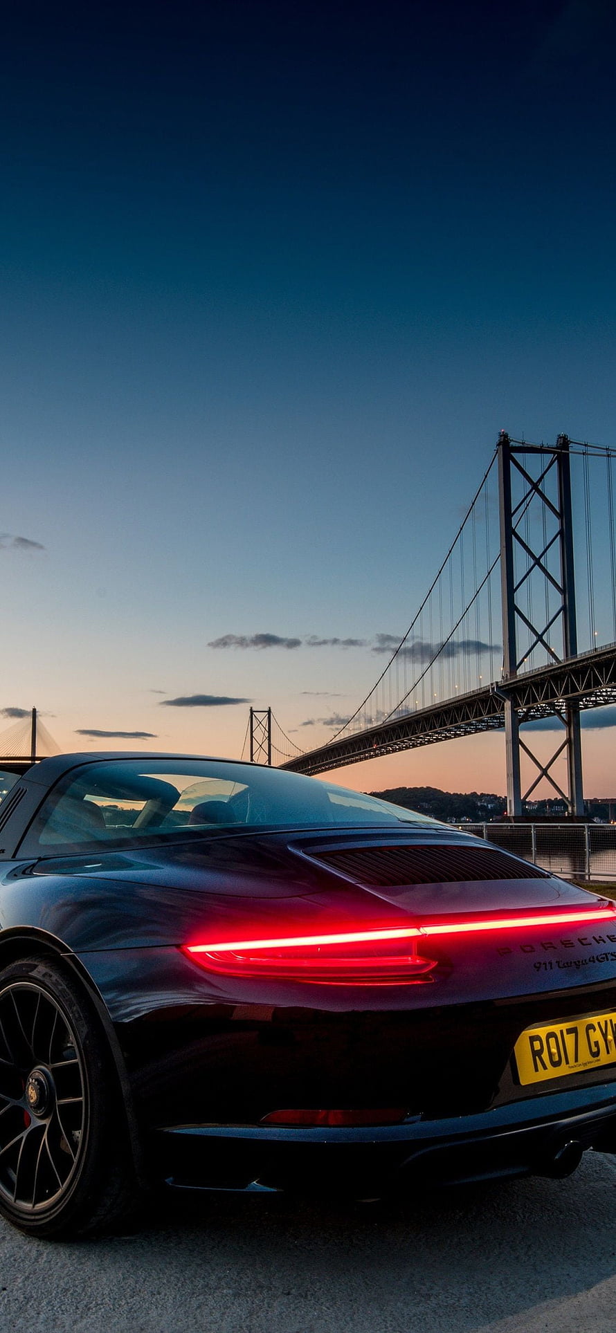 Porsche 911 Targa 4 GTS Rear View at Dusk with Golden Gate Bridge HD phone wallpaper
