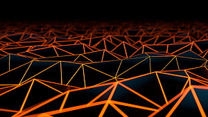 Glowing Orange Triangular Wireframe Landscape on Black Background HD wallpaper