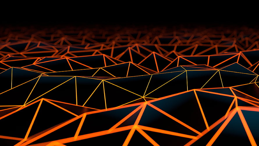 Glowing Orange Triangular Wireframe Landscape on Black Background HD wallpaper