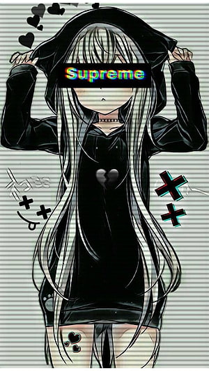 Anime Girl in Black Hoodie with Supreme Logo and Glitch Effects HD phone wallpaper