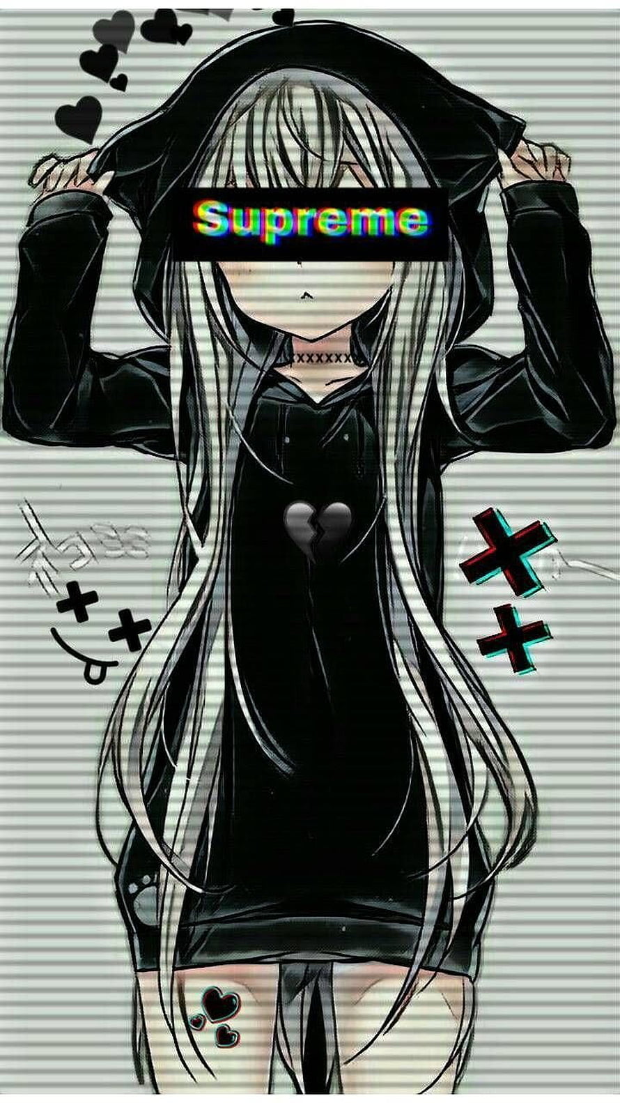 Anime Girl in Black Hoodie with Supreme Logo and Glitch Effects HD phone wallpaper