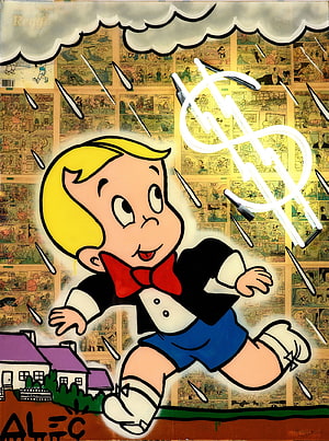 Alec Monopoly Street Art of a Classic Cartoon Boy Running Through Rain HD phone wallpaper