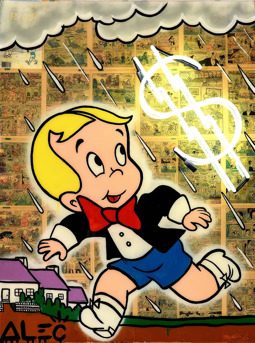 Alec Monopoly Street Art of a Classic Cartoon Boy Running Through Rain HD phone wallpaper
