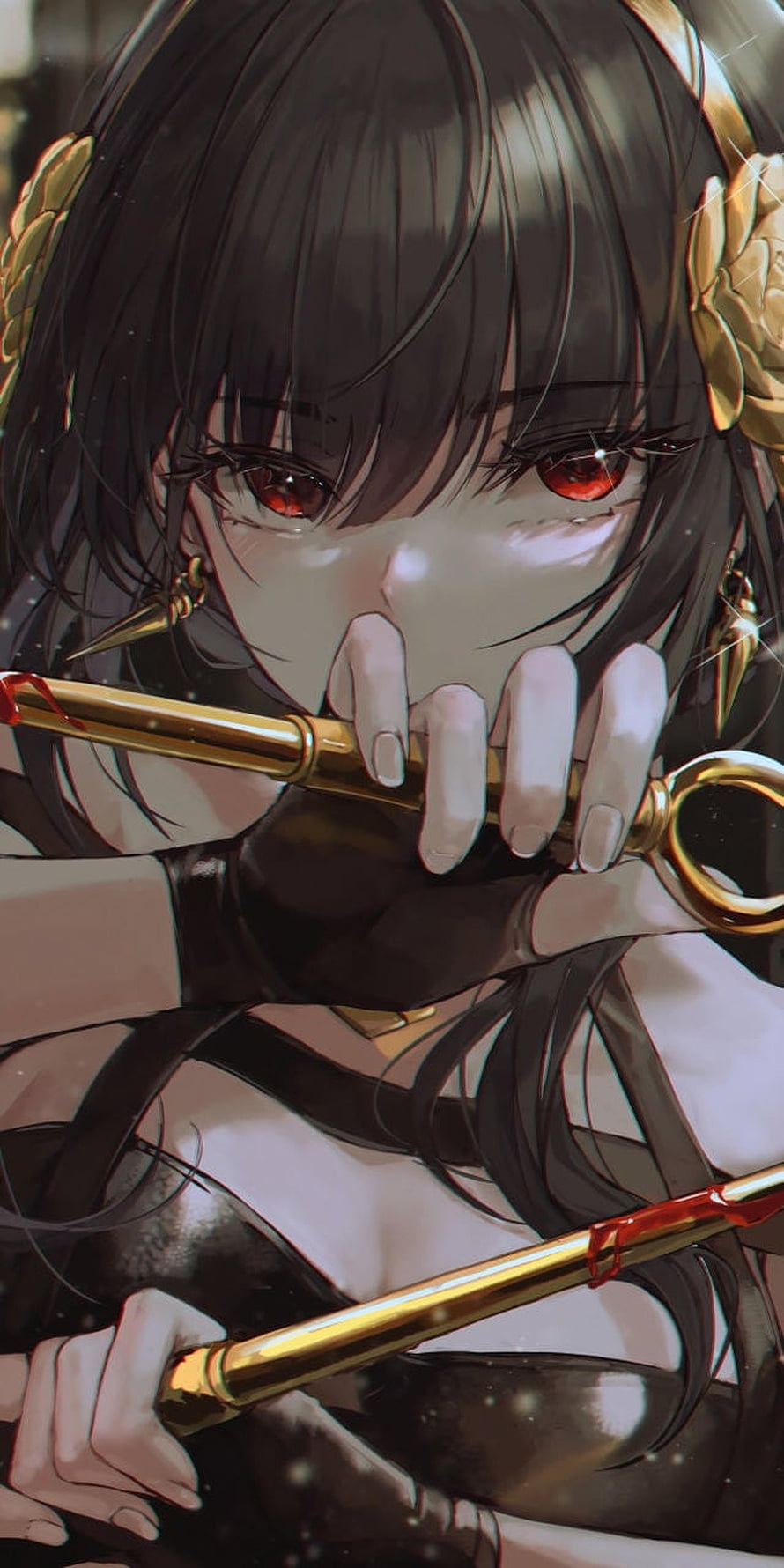 Yor Forger Anime Character with Golden Weapon and Red Eyes HD phone wallpaper
