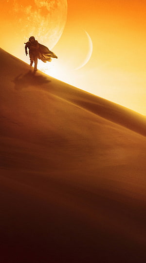 Dune Movie Poster: Lone Wanderer on Alien Desert Dunes Under Twin Moons HD phone wallpaper