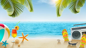 Tropical Beach Party Scene With Palm Fronds, Cocktail, Beach Ball, Flip Flops, and Boombox on Sandy Shore HD wallpaper