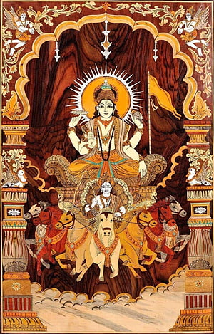 Surya Dev Hindu Deity on Seven Horses with Radiant Sun Halo in Traditional Indian Art HD phone wallpaper