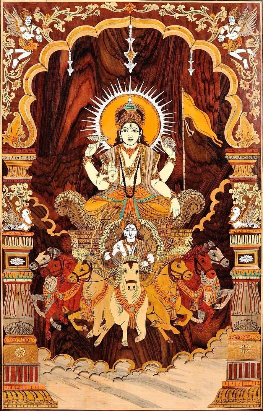 Surya Dev Hindu Deity on Seven Horses with Radiant Sun Halo in Traditional Indian Art HD phone wallpaper