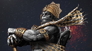 Hanuman Digital Artwork: Majestic Monkey God in Ornate Golden Crown and Armor, Hanuman , Hanuman PC HD wallpaper