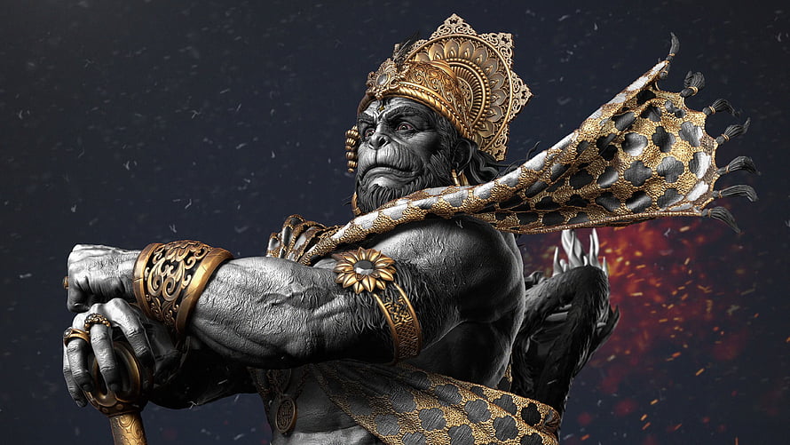 Hanuman Digital Artwork: Majestic Monkey God in Ornate Golden Crown and Armor, Hanuman , Hanuman PC HD wallpaper
