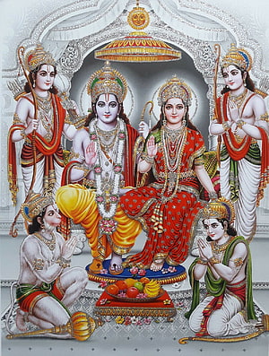 Ram Darbar Traditional Indian Deity Painting with Hanuman and Divine Figures, god, Ram Darbar HD phone wallpaper