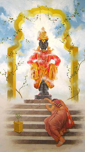 Vitthal Devotional Painting with Worshipping Woman and Golden Archway, Vitthal, Devotional HD phone wallpaper