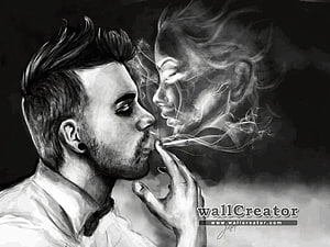 Black and white pencil sketch of a man smoking with a woman's face formed in the rising smoke, Smoker Boy, Smoking Boy HD wallpaper