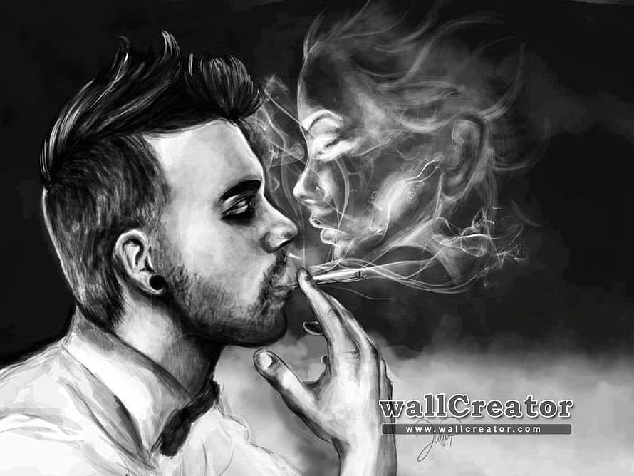 Black and white pencil sketch of a man smoking with a woman's face formed in the rising smoke HD wallpaper
