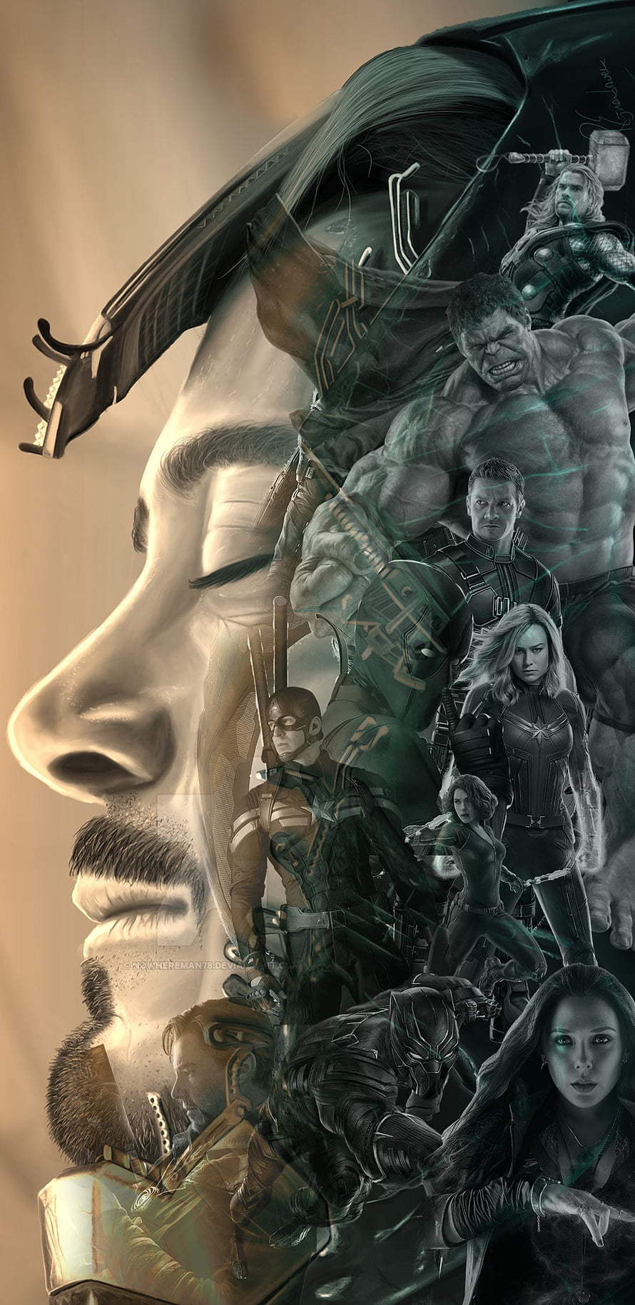 Avengers Endgame Concept Art Featuring Tony Stark, Captain America, Thor, Hulk, and Black Widow HD phone wallpaper