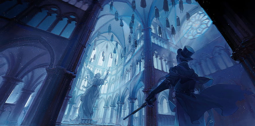 Lord of the Mysteries: A Cloaked Figure in a Gothic Cathedral HD wallpaper