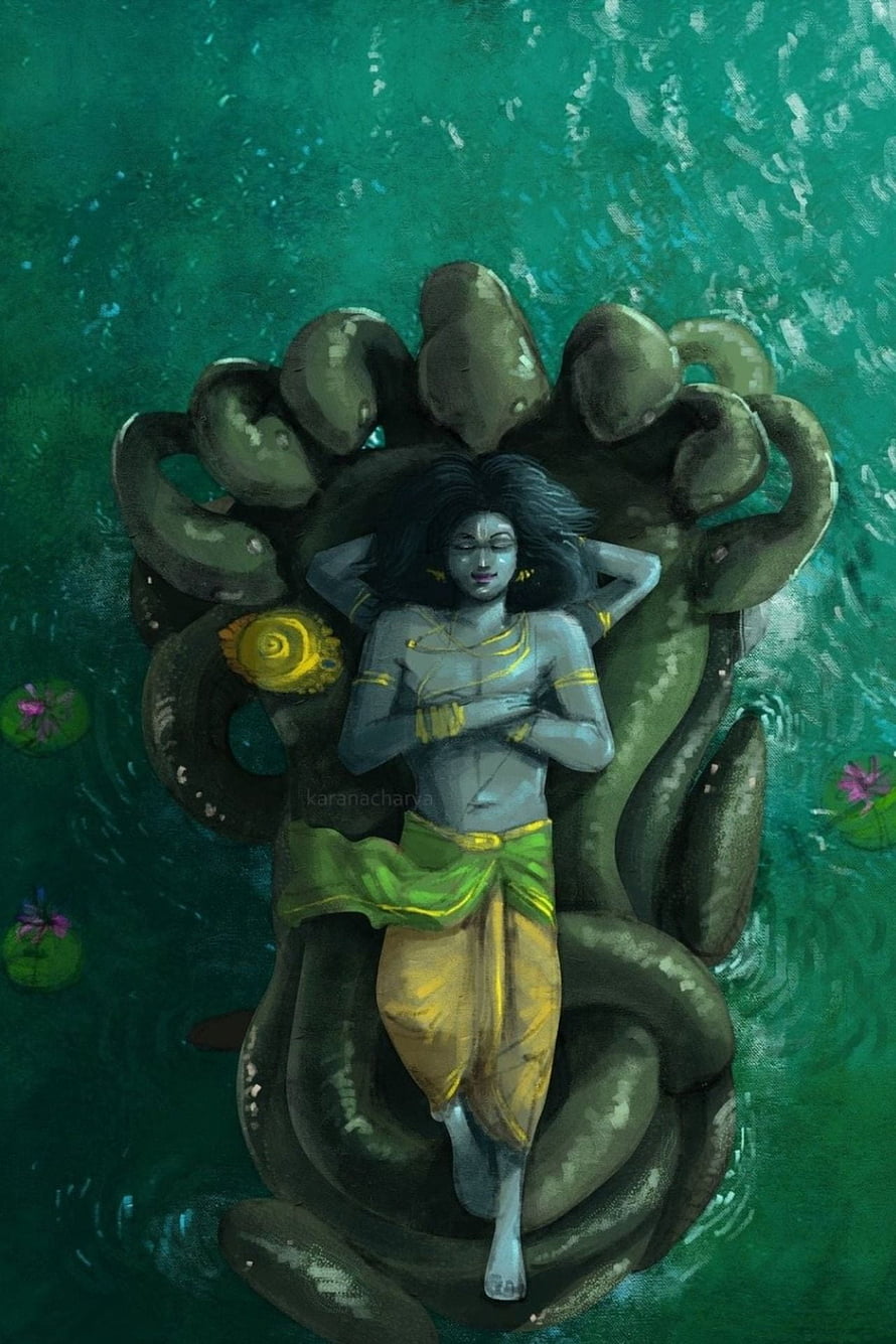 Vishnu Resting on the Serpent Ananta in a Mystic Water Painting HD phone wallpaper