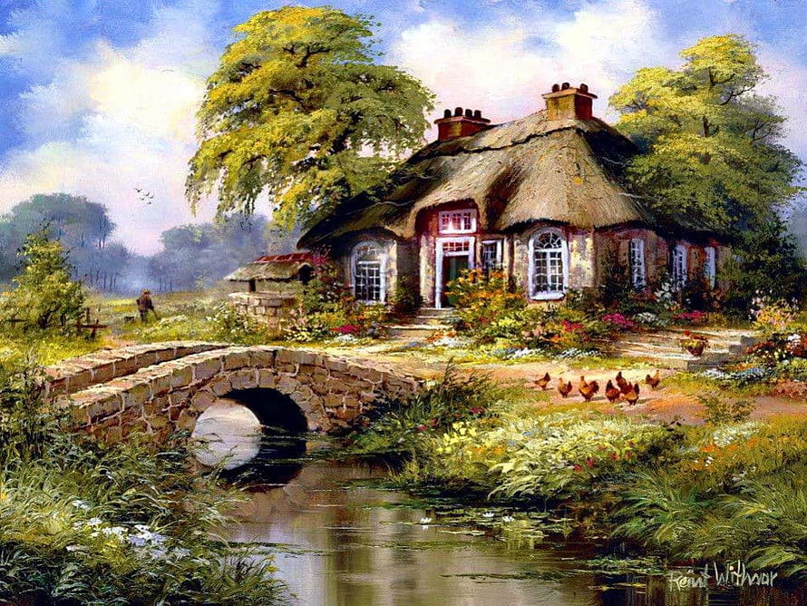 Rustic Thatched Cottage with Stone Bridge and Stream in a Lush Countryside Landscape HD wallpaper