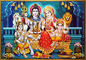 Shiva Parivar Family Portrait with Parvati Ganesha and Kartikeya in Traditional Indian Art HD wallpaper