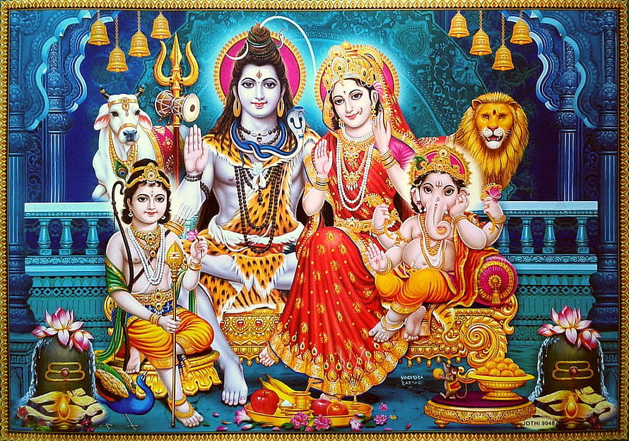 Shiva Parivar Family Portrait with Parvati Ganesha and Kartikeya in Traditional Indian Art HD wallpaper