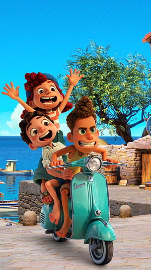 Luca Disney Pixar Animated Movie Scene with Three Boys Riding a Teal Vespa Scooter Along a Mediterranean Coast HD phone wallpaper