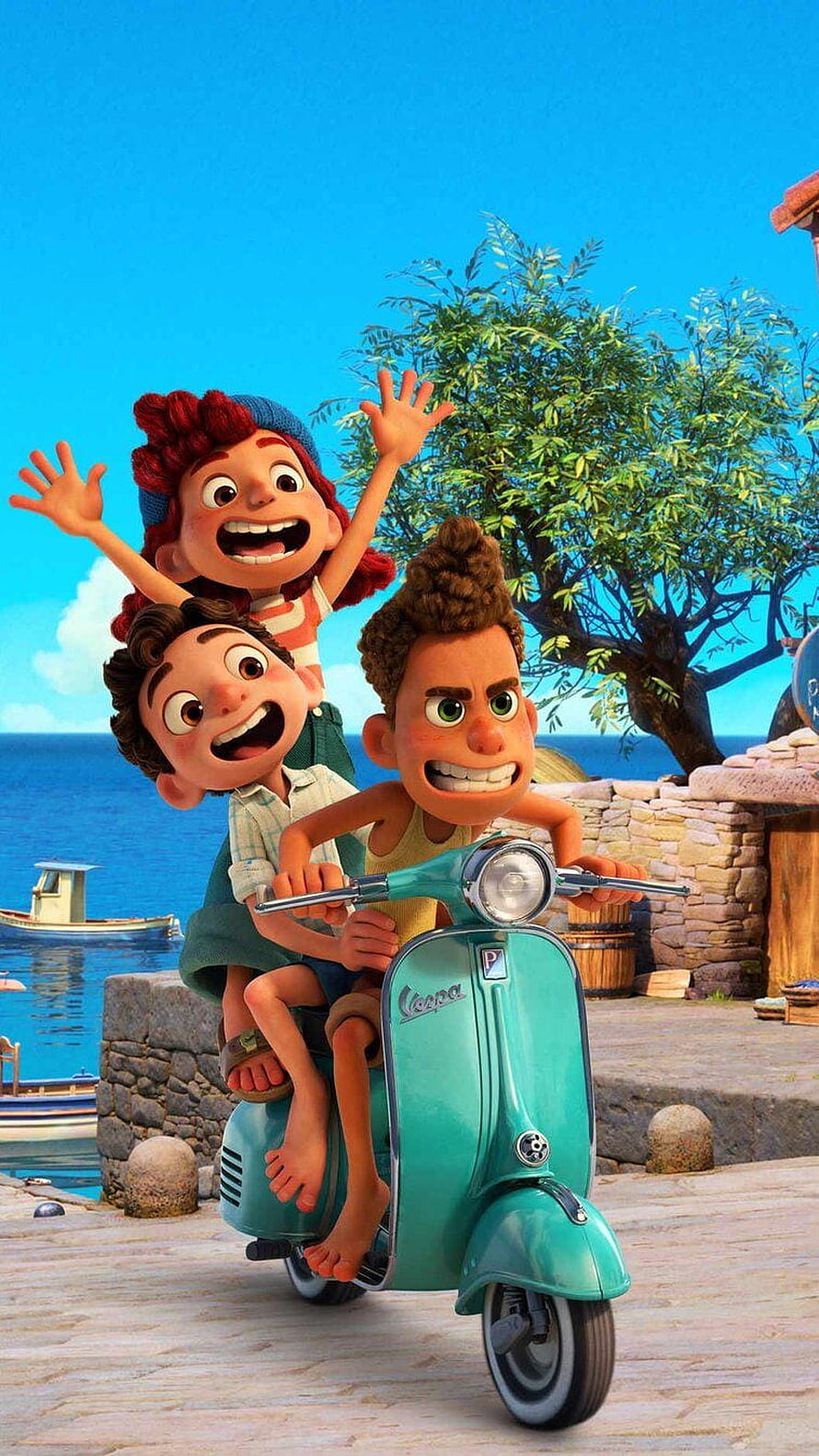 Luca Disney Pixar Animated Movie Scene with Three Boys Riding a Teal Vespa Scooter Along a Mediterranean Coast HD phone wallpaper
