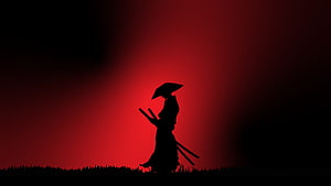 Silhouette of a Samurai Warrior with Katana Against a Dramatic Red Sky HD wallpaper