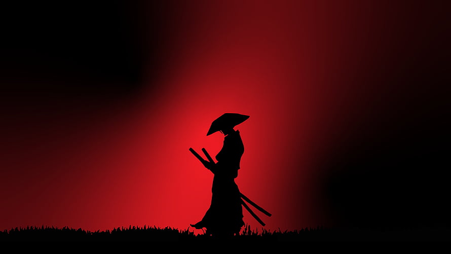 Silhouette of a Samurai Warrior with Katana Against a Dramatic Red Sky HD wallpaper