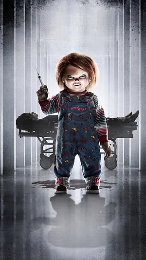 Chucky Holding Syringe in Hospital Corridor with Gurney in Background HD phone wallpaper