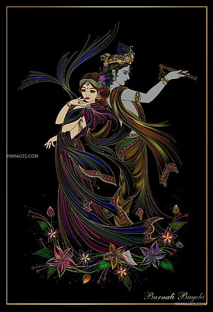 Radha Krishna in ornate traditional attire with flowing fabrics and floral accents on black background HD phone wallpaper