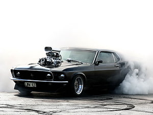 Black 1969 Ford Mustang Pro Street Burnout With Supercharger And Tire Smoke HD wallpaper