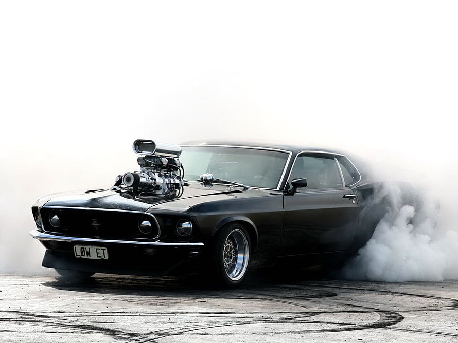 Black 1969 Ford Mustang Pro Street Burnout With Supercharger And Tire Smoke HD wallpaper