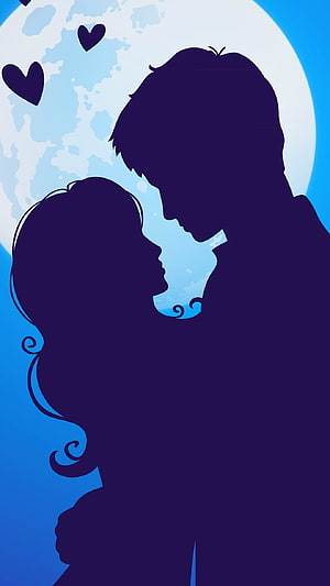 Romantic Couple Silhouette Under Full Moon with Floating Hearts HD phone wallpaper