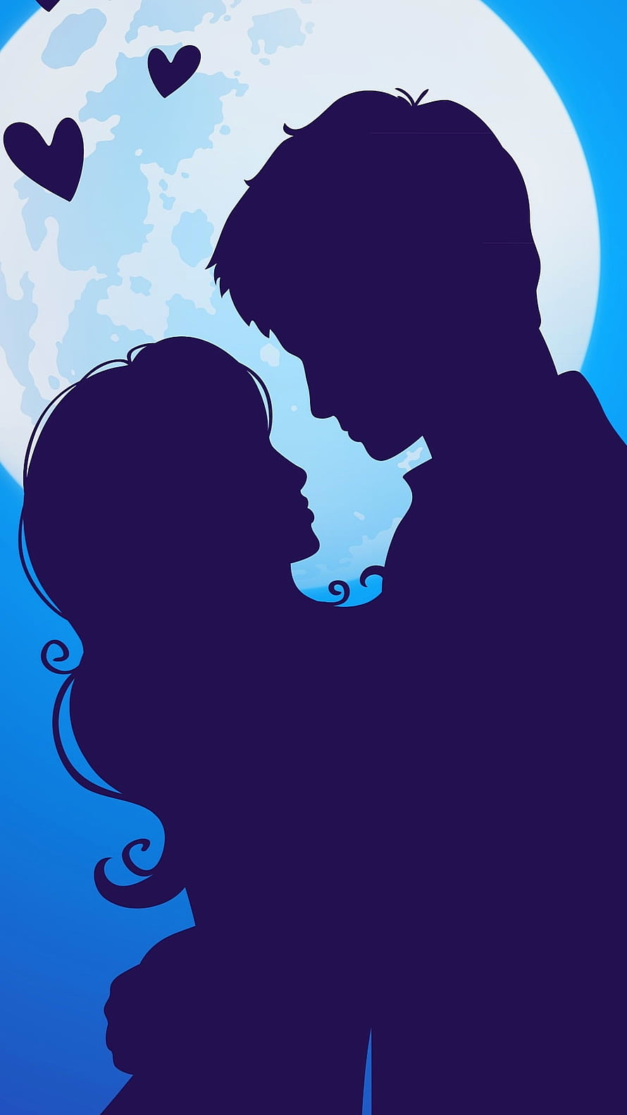 Romantic Couple Silhouette Under Full Moon with Floating Hearts HD phone wallpaper