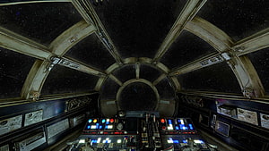 Millennium Falcon Cockpit Interior View With Starfield And Control Panels HD wallpaper