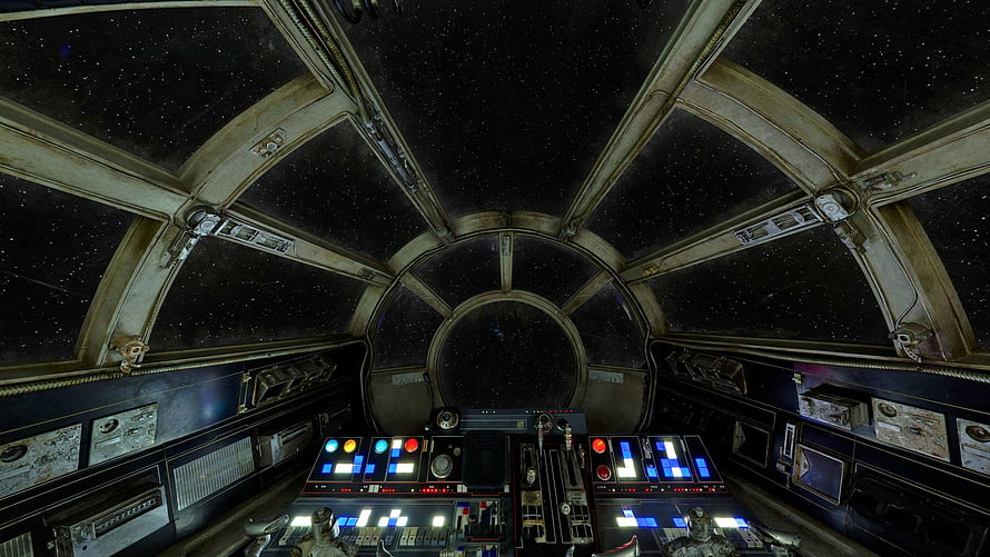 Millennium Falcon Cockpit Interior View With Starfield And Control Panels HD wallpaper