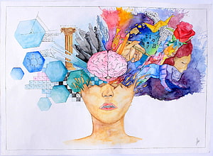 Watercolor Surreal Portrait of a Woman with a Brain and Creative Elements Bursting from Her Mind HD wallpaper