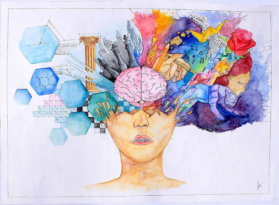 Watercolor Surreal Portrait of a Woman with a Brain and Creative Elements Bursting from Her Mind HD wallpaper