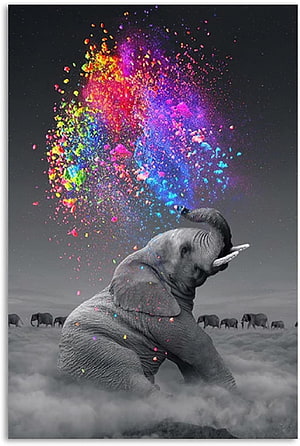 Surreal Elephant Spraying Vibrant Colorful Powder in Monochrome Misty Landscape HD phone wallpaper