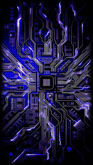 Glowing Blue Circuit Board with Central Processor and Electric Traces HD phone wallpaper