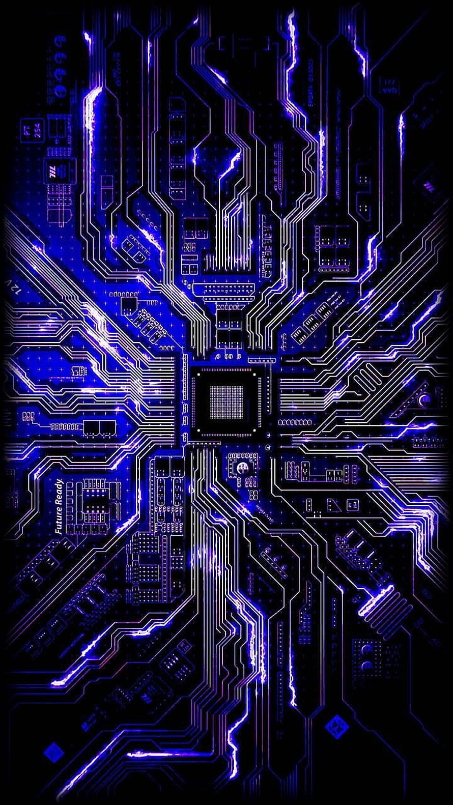 Glowing Blue Circuit Board with Central Processor and Electric Traces HD phone wallpaper