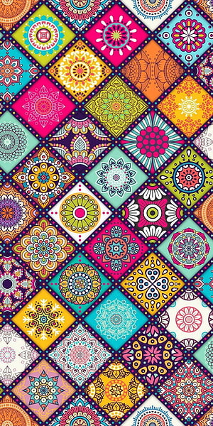 Vibrant Colorful Mandala Pattern with Geometric Diamond Grid and Floral Motifs HD phone wallpaper