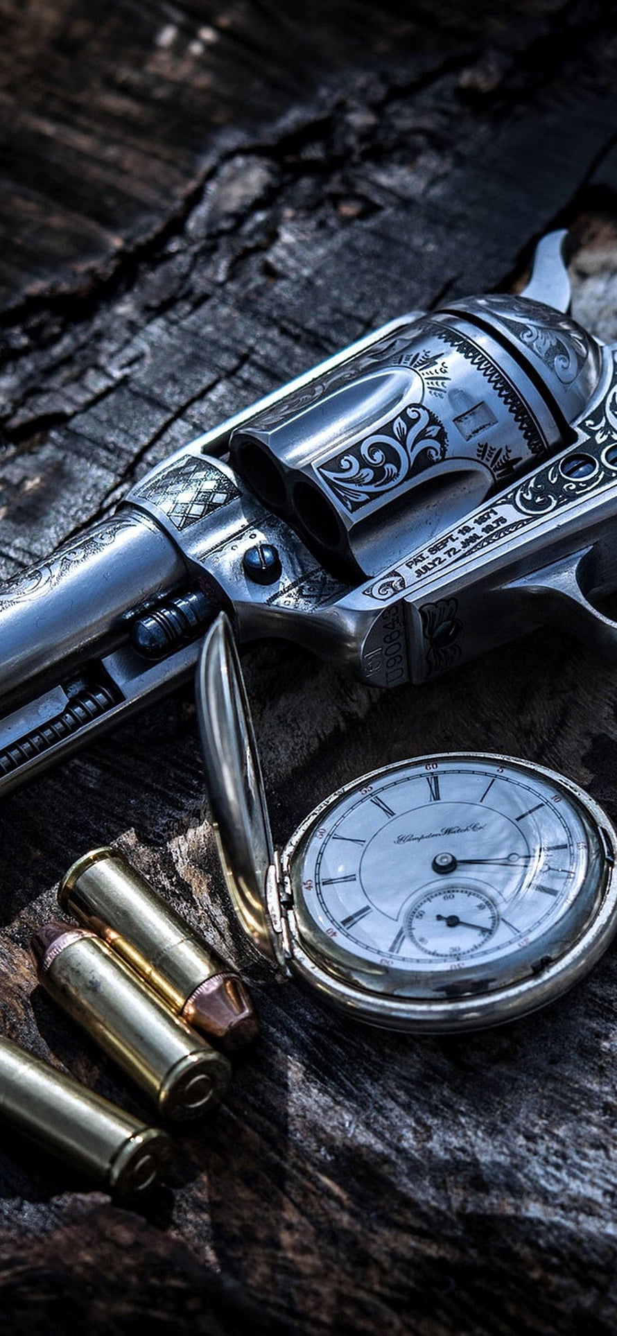 Engraved Silver Revolver with Pocket Watch and Brass Cartridges on Weathered Wood HD phone wallpaper