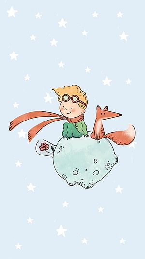 The Little Prince and the Fox Sitting on a Small Planet with a Rose in a Starry Sky HD phone wallpaper