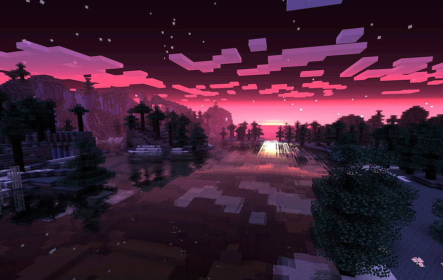 Minecraft Nether Twilight Landscape with Blocky Trees and Reflective Water HD wallpaper