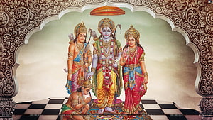 Ram Darbar Depiction with Sita and Lakshmana in Traditional Indian Temple Art HD wallpaper