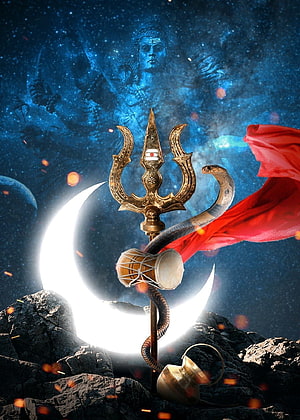 Bhole Baba Trishul and Crescent Moon with Snake and Rudraksha on Rocky Terrain HD phone wallpaper